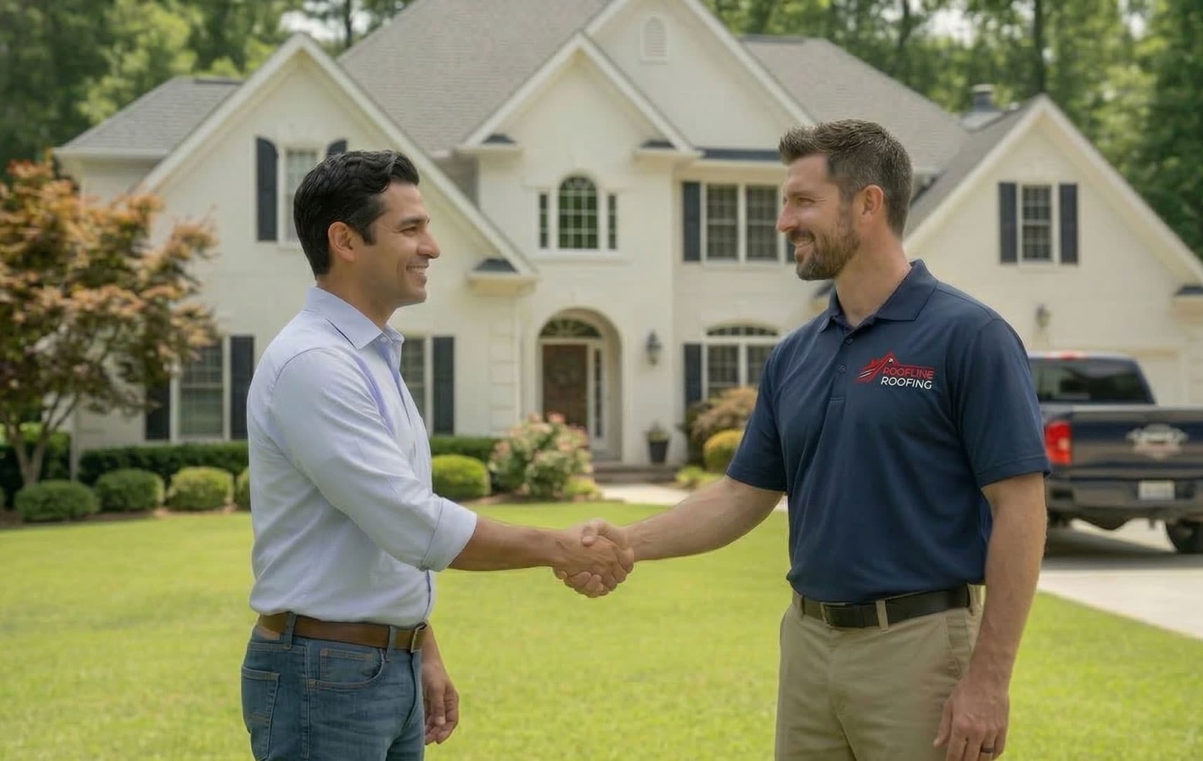 Homeowner with Redline Roofing team member